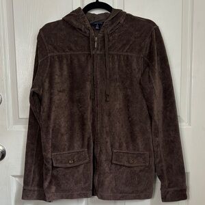 Lands End  brown corduroy zip up hoodie jacket size 10-12 Cotton Blend
